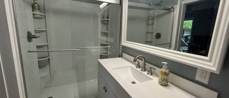 Shower, hair dryer, towels, soap