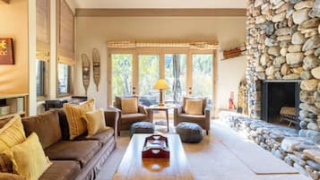 Smart TV, fireplace, books, stereo