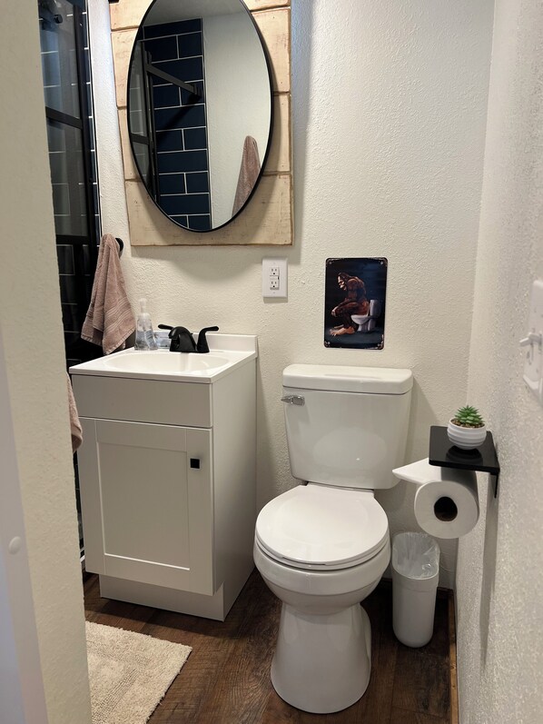 Une salle de bain avec des toilettes blanches, un lavabo avec un miroir au-dessus, une petite plante en pot posée sur une étagère et un rouleau de papier toilette.