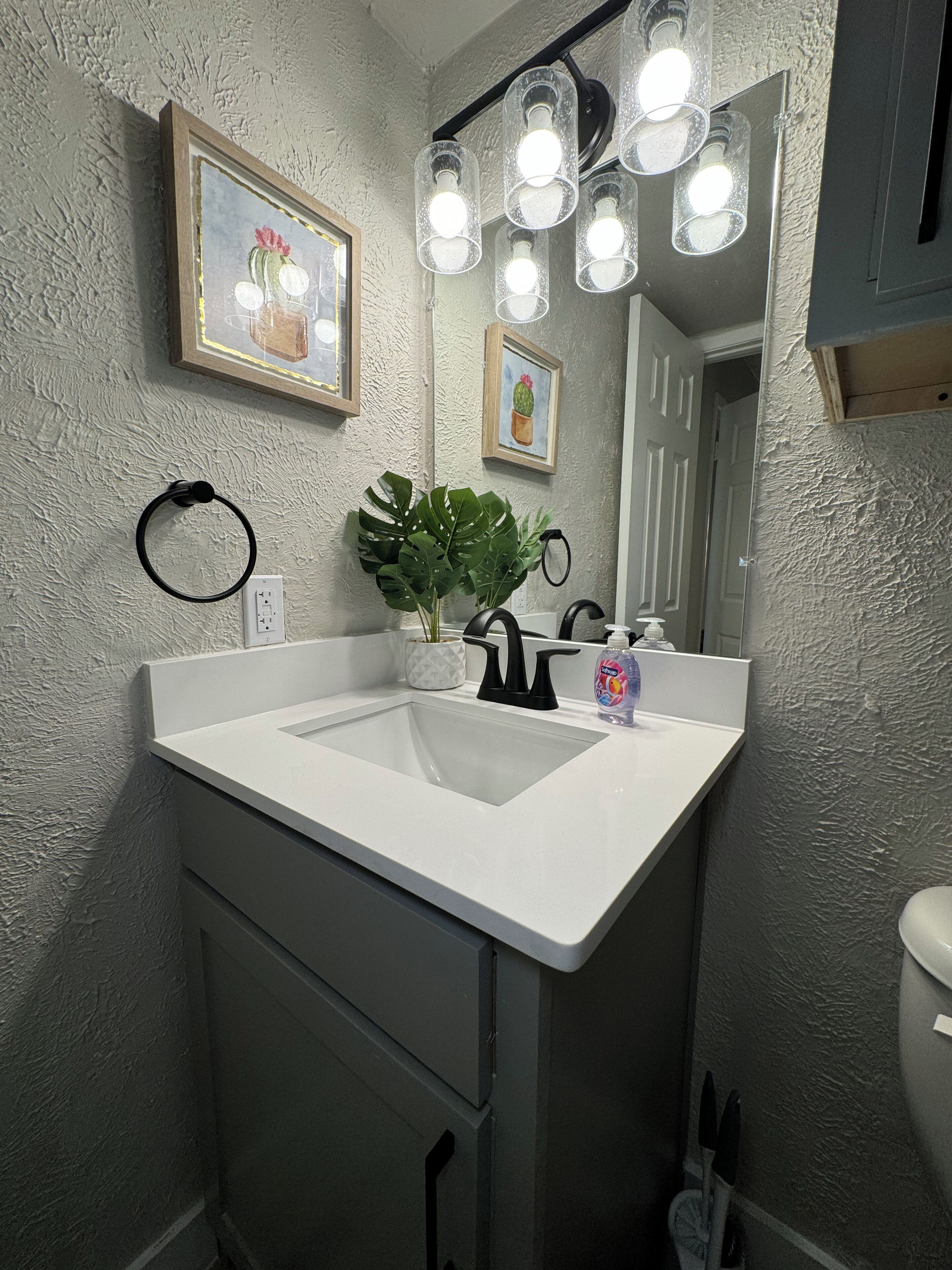 Hair dryer, towels, soap, shampoo