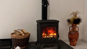 A wood-burning stove with a basket of firewood and a vase with dried plants beside it.