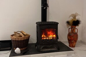 Ein Kaminofen mit Holzkorb und einer Vase mit Trockenblumen daneben.
