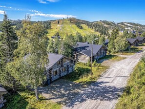 A rural mountain area with log cabins, a dirt road, and a clear sky.