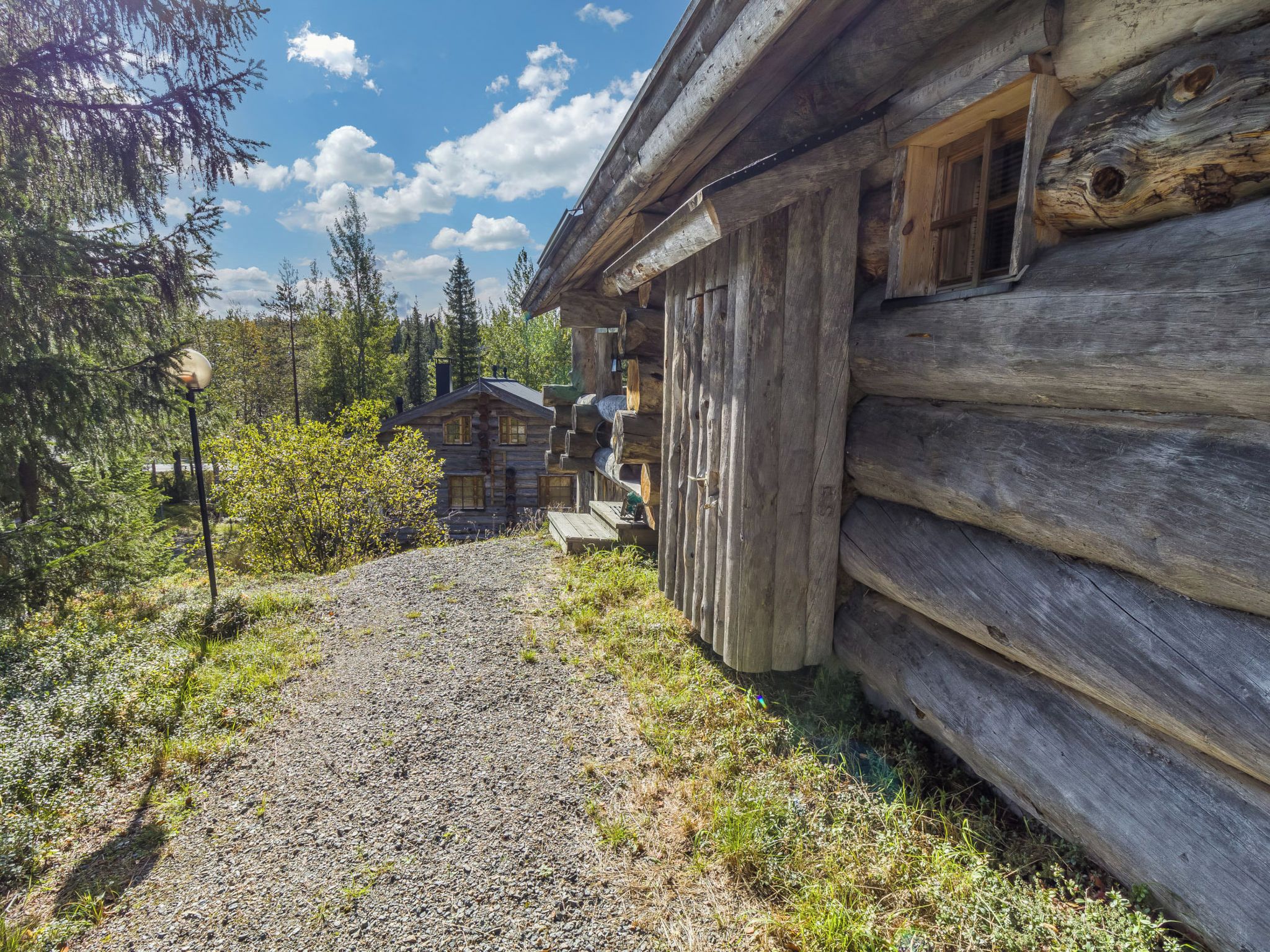 Une cabane rustique en rondins de bois, avec un chemin de gravier menant à l’entrée, entourée d’une forêt dense.