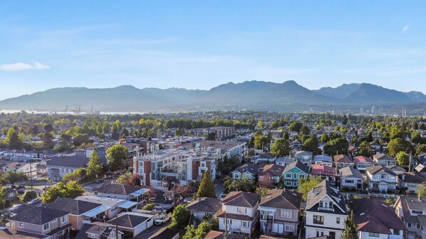 Un quartier résidentiel avec des maisons, des arbres et des montagnes en arrière-plan.