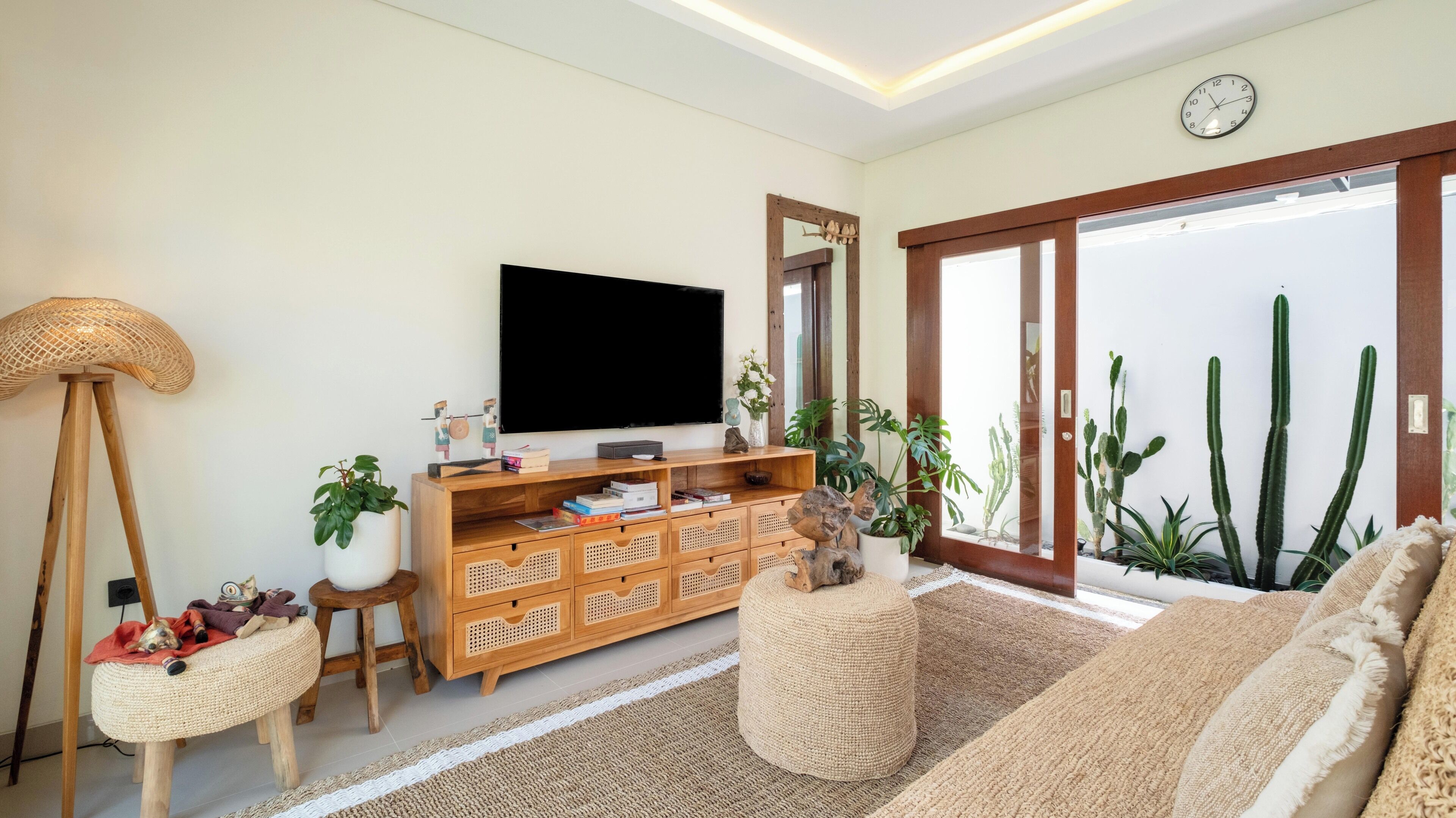 A living room with a wooden TV stand, a large flat-screen TV, a wicker floor lamp, and a variety of plants including cacti.