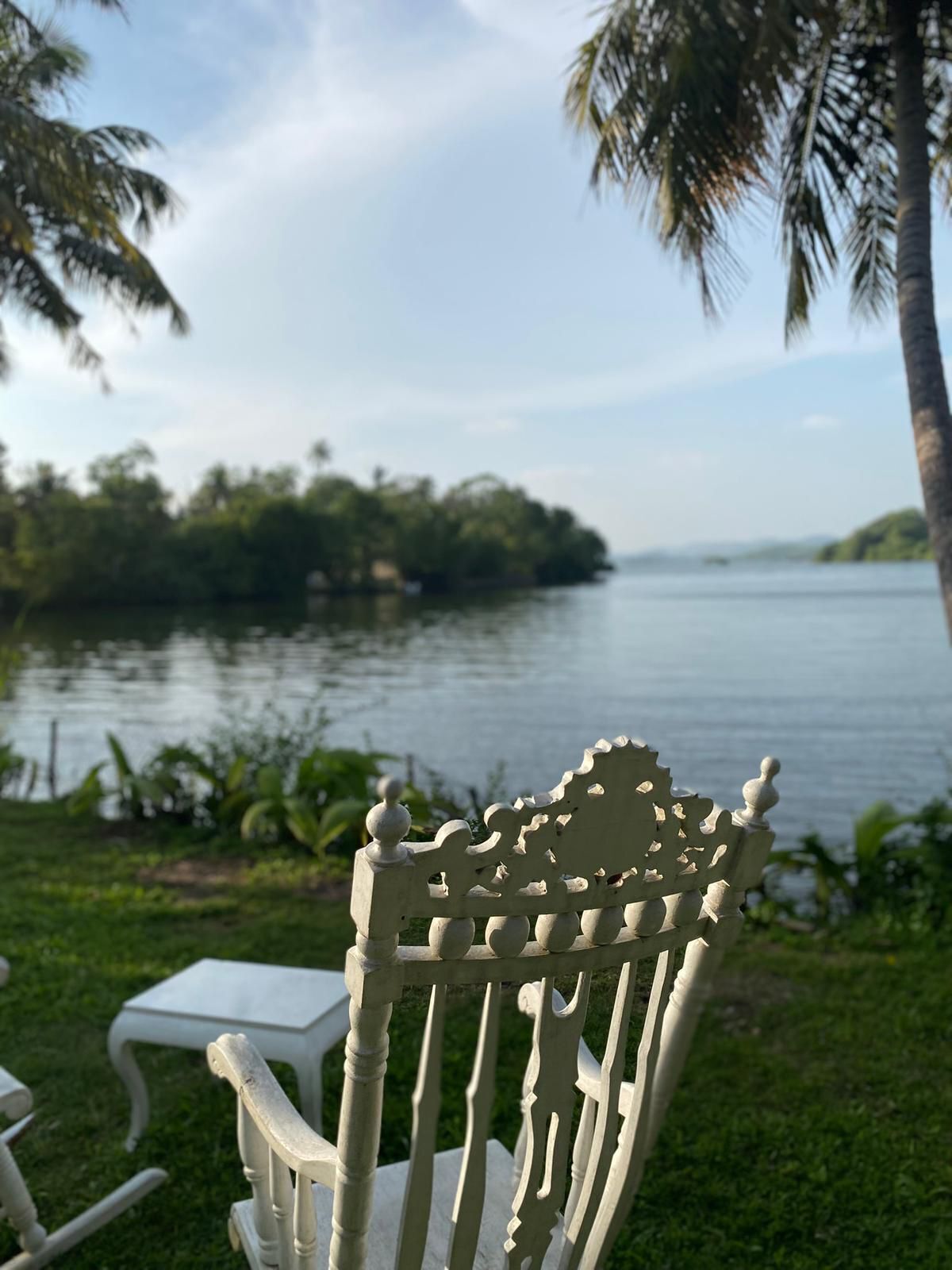 A white chair with intricate carvings, positioned on a grassy area with a view of a calm river and palm trees in the background.