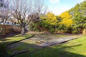 A backyard with a lawn, a tree, and a wooden fence.