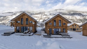 Une rangée de chalets en bois dotés de grandes fenêtres, un espace extérieur aménagé et abrité, et une montagne enneigée en toile de fond.