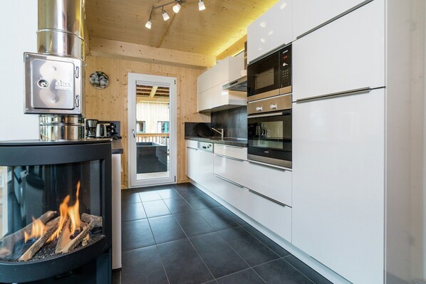A modern kitchen with a wood-burning stove, stainless steel appliances, and a view to the outside.