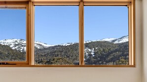 Una ventana con vistas a montañas nevadas y un bosque denso.