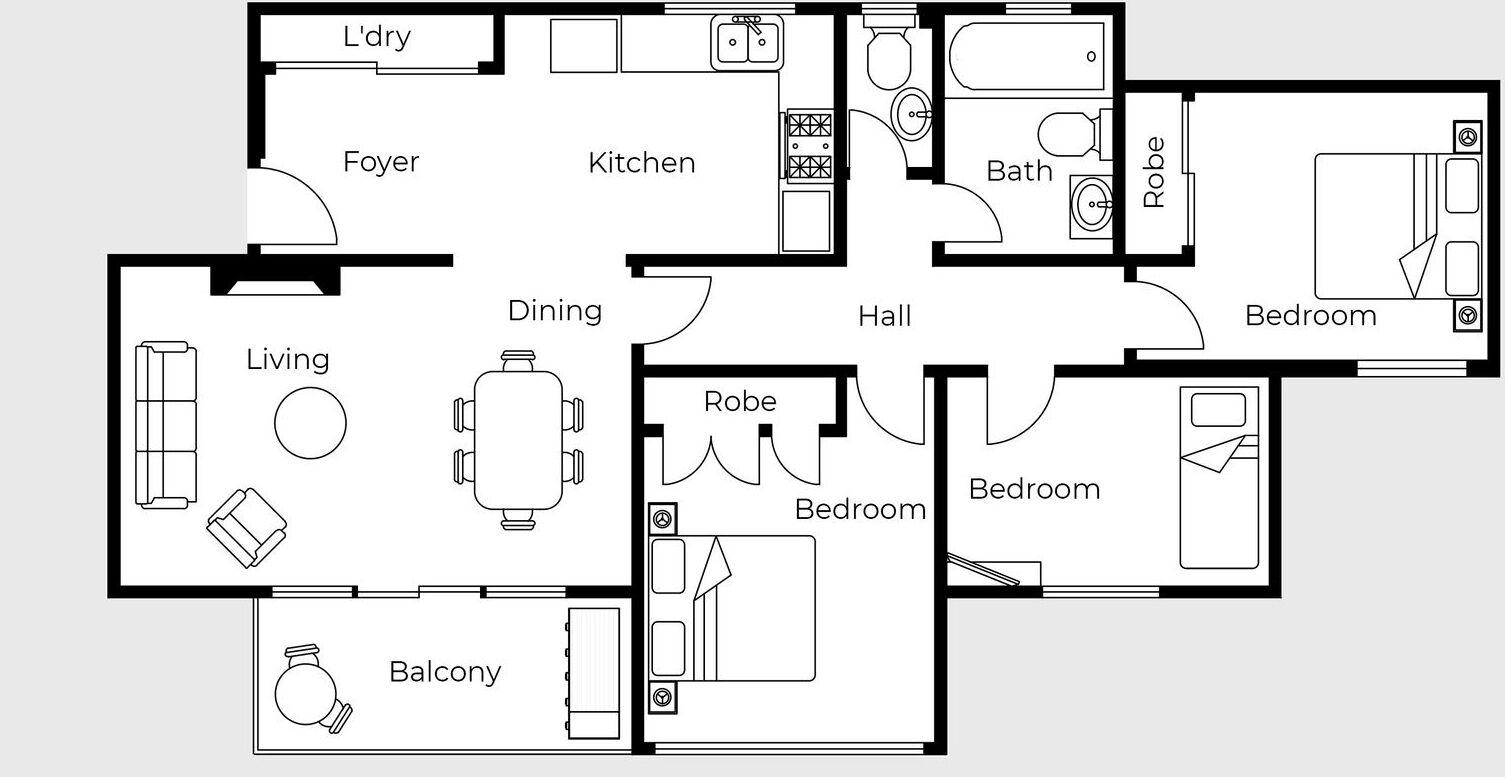 A floor plan with a living room, dining area, kitchen, two bedrooms, a bathroom, a foyer, a hallway, a balcony, and a robe closet.