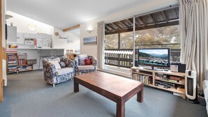 A cozy living room with a large window, a television, and a bookshelf.