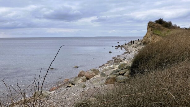 Eine felsige Küste mit einer grasbewachsenen Klippe und einem ruhigen Meer unter einem bewölkten Himmel.