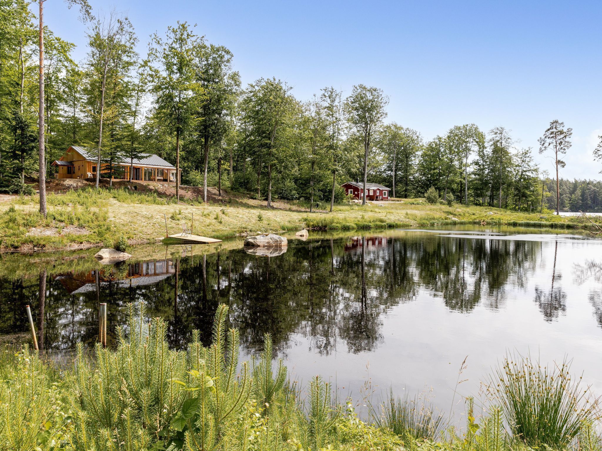 A lakeside cabin with a dock, surrounded by dense forest and a calm lake.