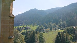 A rural landscape with a brick building, likely a farmhouse, surrounded by green fields and trees. - Inviting chalet on the ski slopes (Sankt Georgen am Kresichberg)