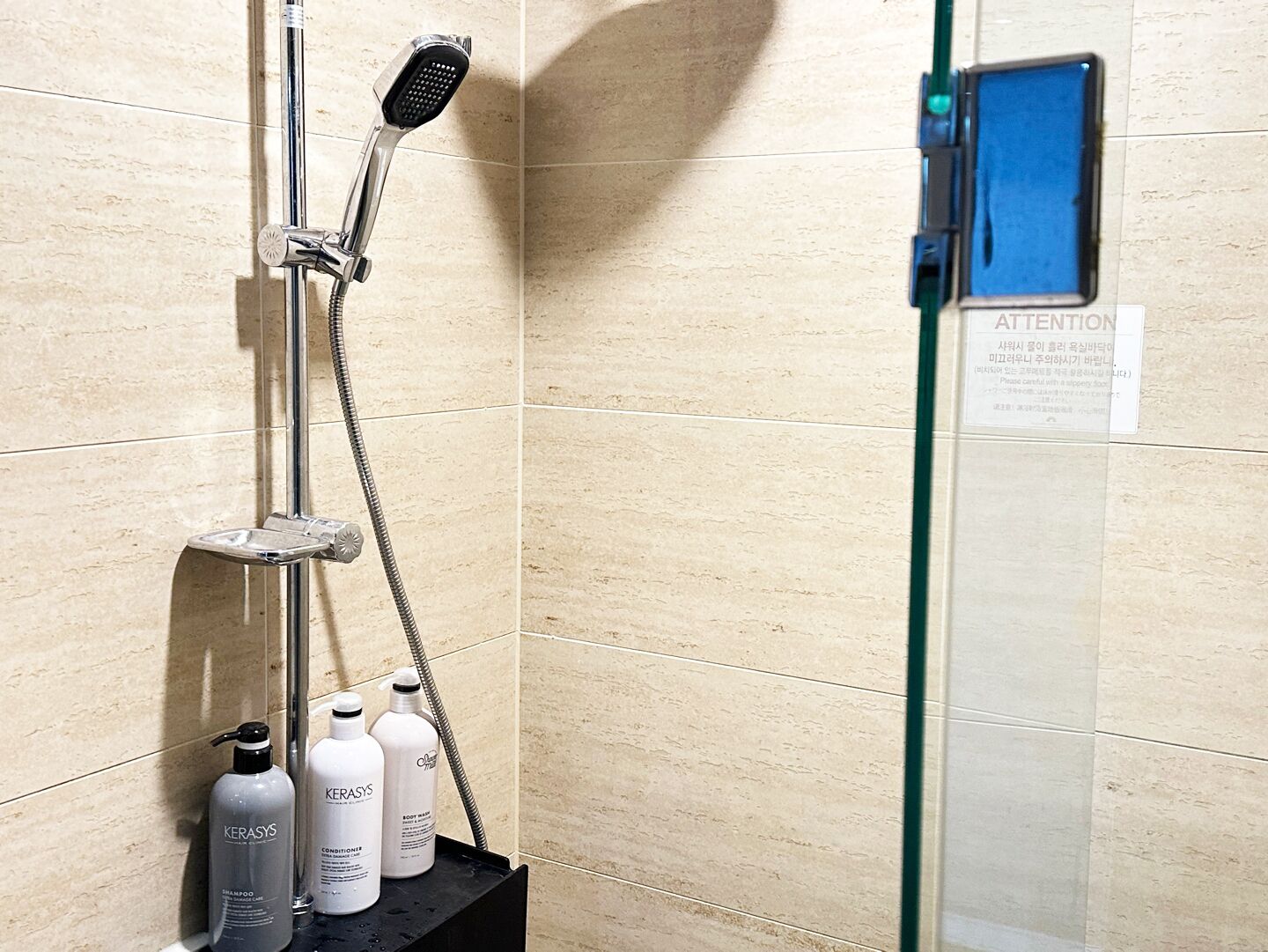 A shower area with a handheld showerhead, a glass door, and a shelf with shampoo and conditioner bottles.