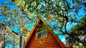 A wooden cabin with a sloped roof, a window, and a door.