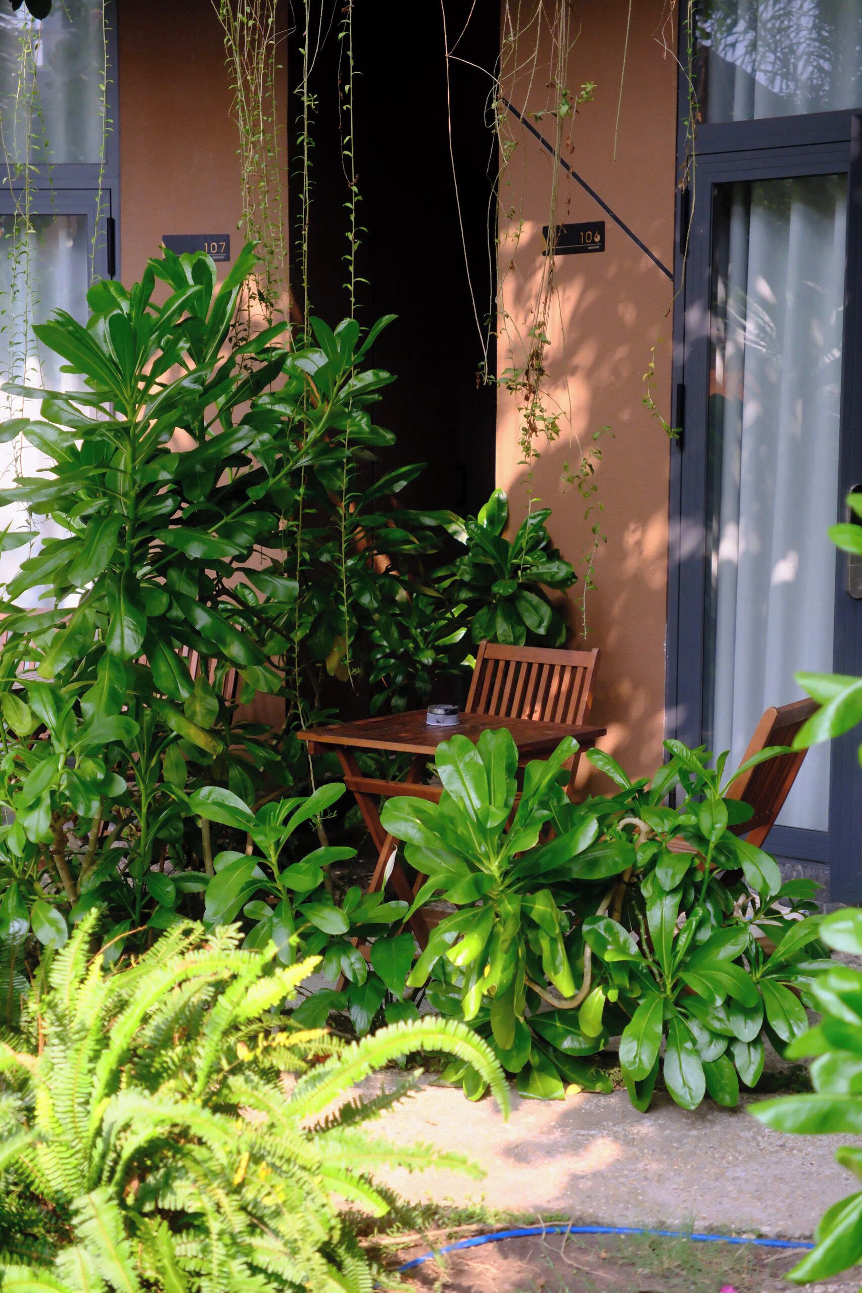 Um espaço de estar ao ar livre com uma mesa e cadeiras, cercado por vegetação exuberante e uma planta pendente.