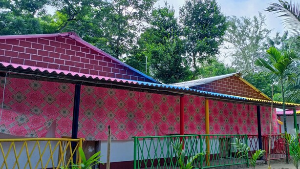 A building with a patterned facade and a red roof. - Bagda Beach Resort (Balasore)