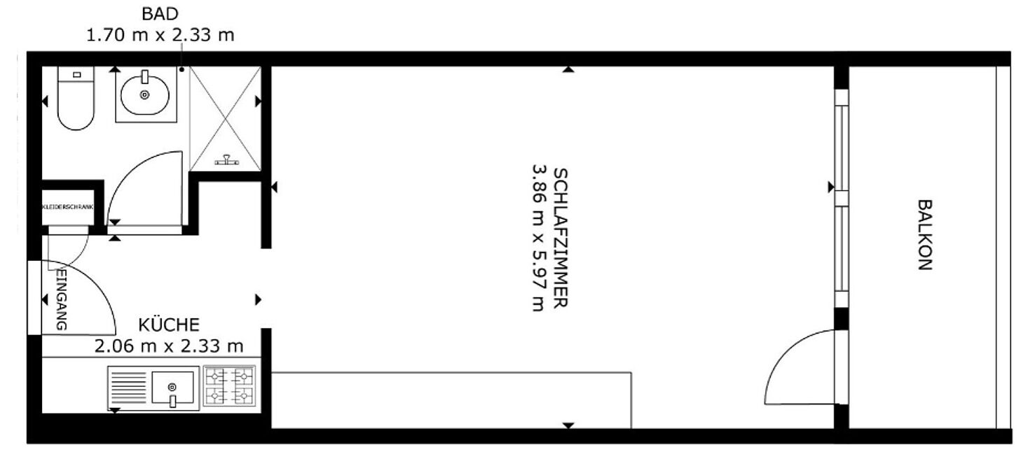 Plan d’une chambre d’hôtel comprenant une salle de bain, un coin cuisine et un balcon. Les dimensions de la salle de bain sont de 1,70 m x 2,33 m, celles du coin cuisine de 2,06 m x 2,33 m, et celles du balcon de 3,86 m x 5,97 m.