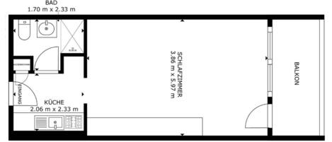 A floor plan of a hotel room with a bathroom, kitchenette, and balcony. The bathroom measures 1.70 m x 2.33 m, the kitchenette 2.06 m x 2.33 m, and the balcony 3.86 m x 5.97 m.