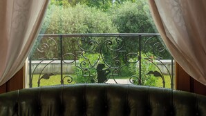 A view from a window with curtains, a balcony with a wrought iron railing, and greenery outside. - Tenuta Castagnera (Tarzo)