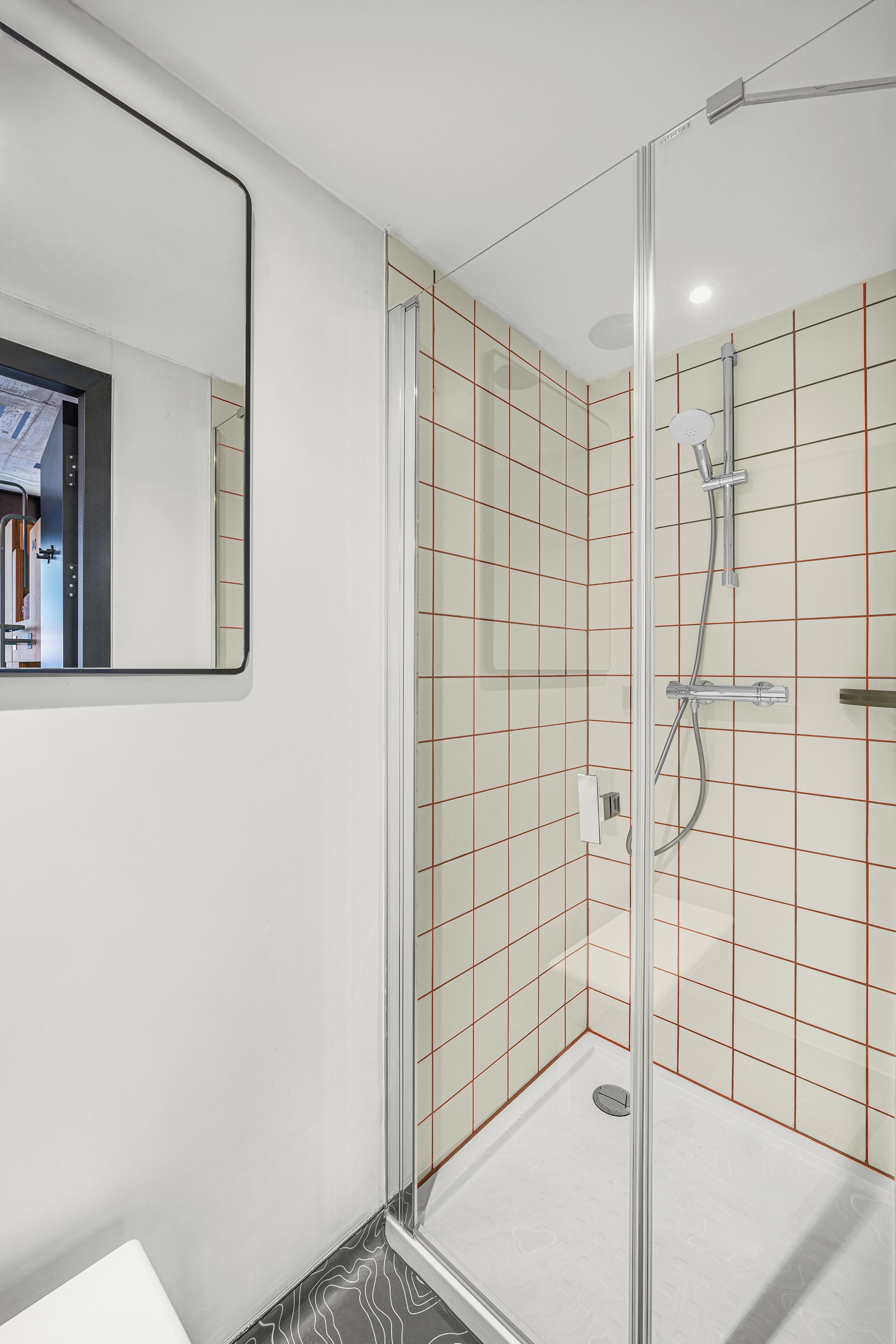 A modern bathroom with a glass shower enclosure, a white sink, and a mirror on the wall.