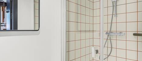 A modern bathroom with a glass shower enclosure, a white sink, and a mirror on the wall.