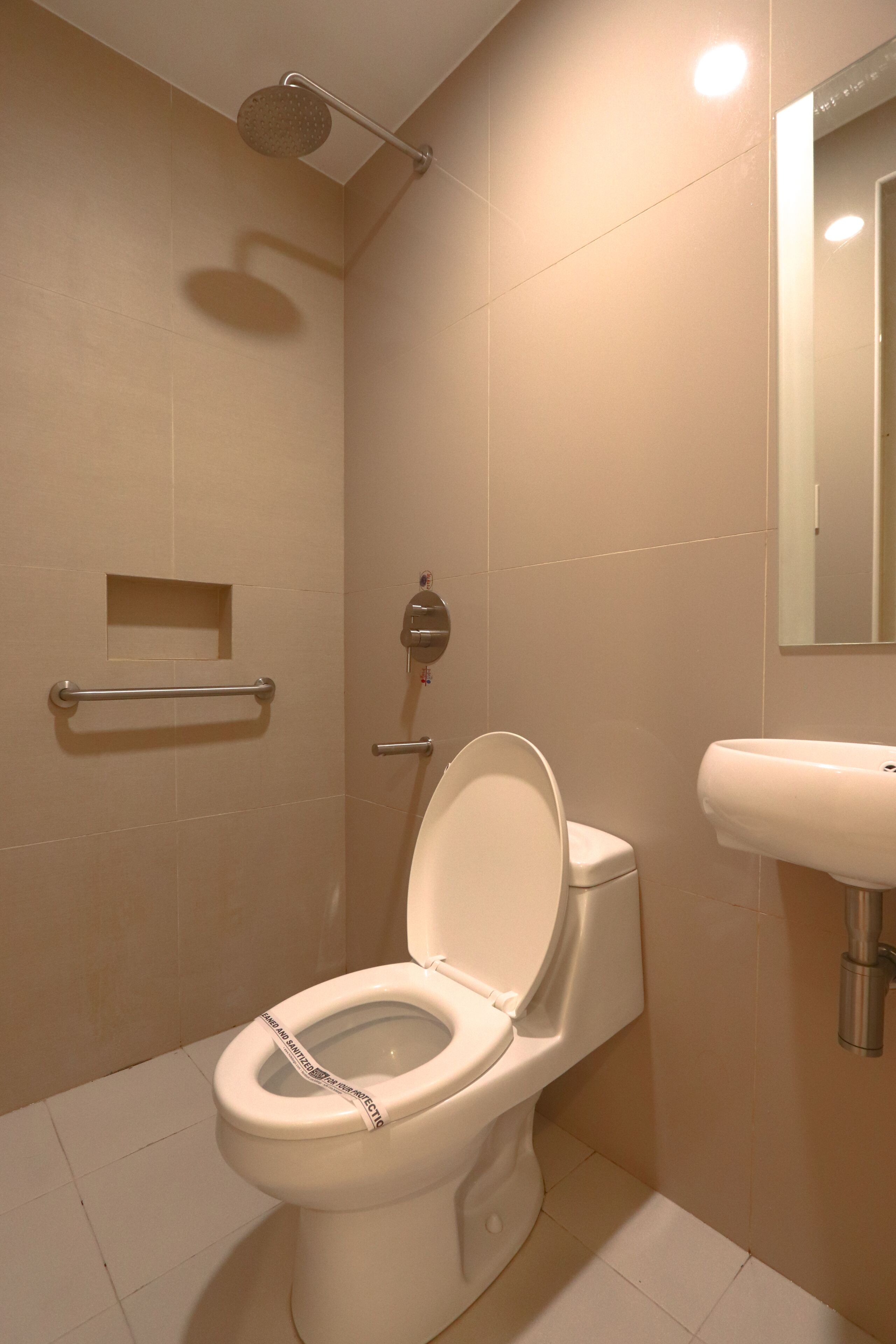 Ein Badezimmer mit Toilette, Duschkopf, Handlauf und Waschbecken.