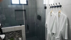 Une salle de bain moderne avec une douche à parois de verre, un porte-serviettes avec des peignoirs et une petite plante.