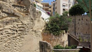 Un muro de piedra con un estrecho pasaje, un árbol y edificios al fondo.