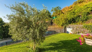 A well-maintained garden with a stone wall, a metal fence, and a variety of plants.