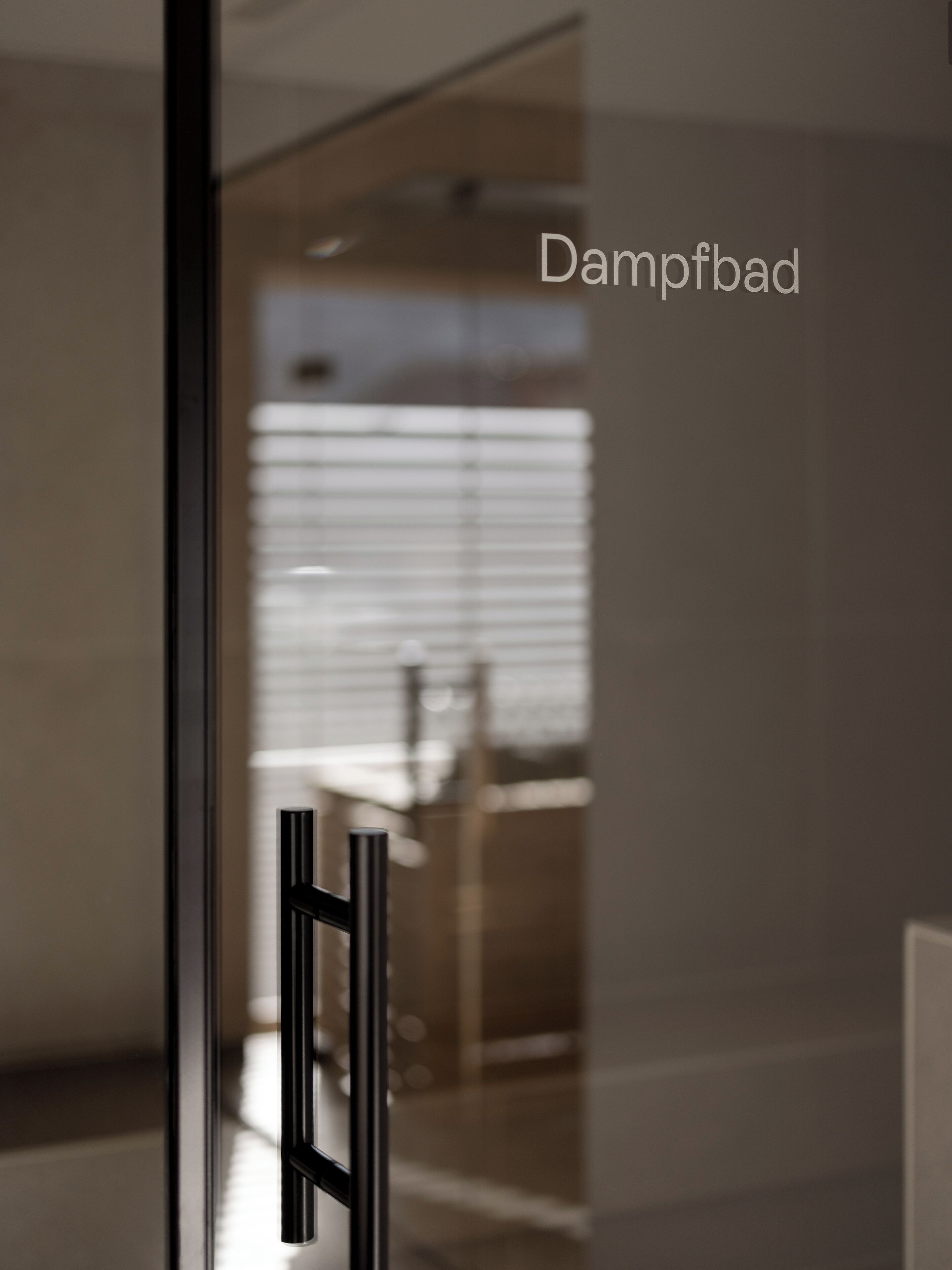 Un interior moderno con una puerta de cristal y un letrero que dice 'Dampfbad'.