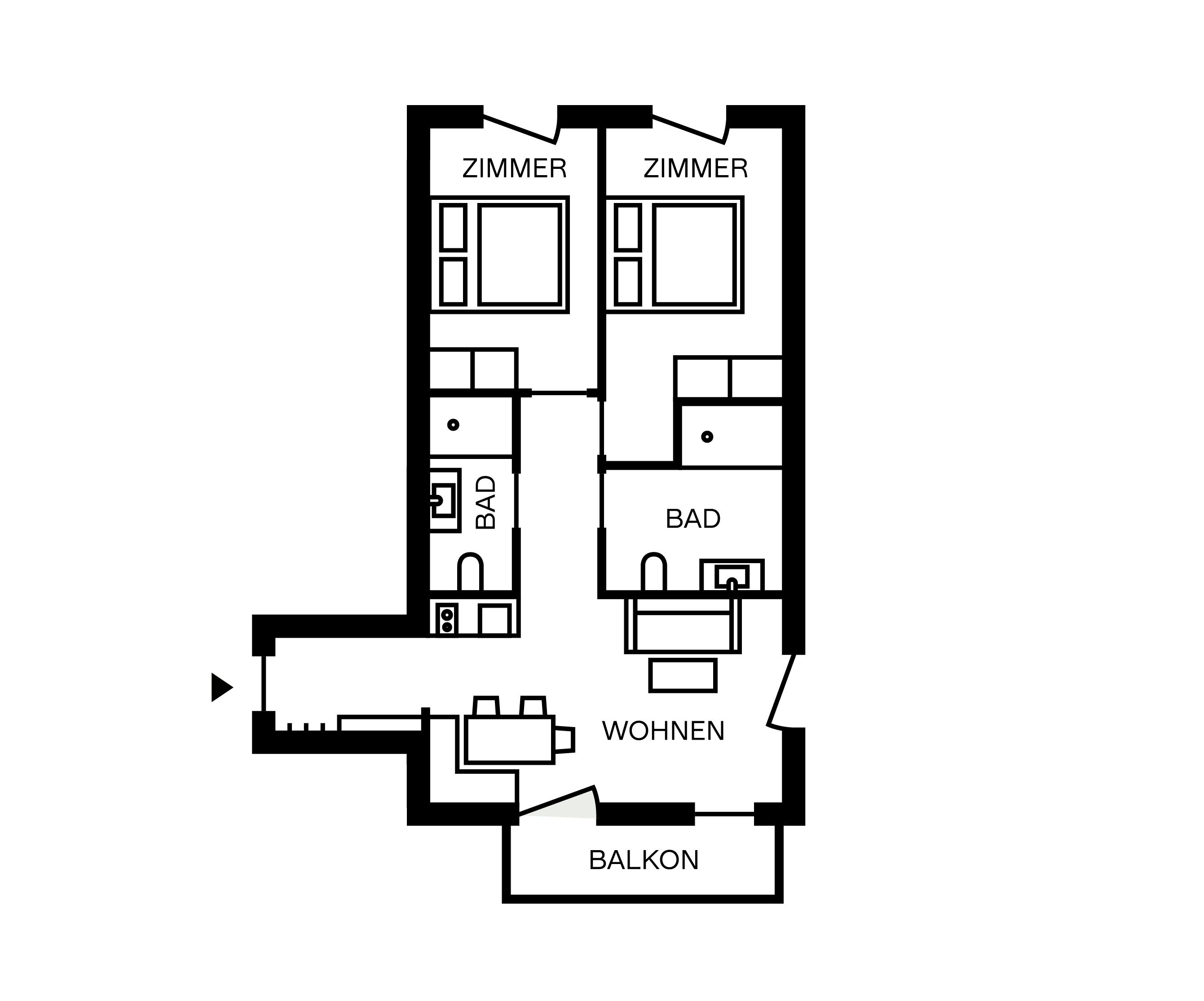A floor plan with two bedrooms, a bathroom, a kitchen, a living room, and a balcony.