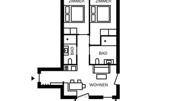 A floor plan with two bedrooms, a bathroom, a kitchen, a living room, and a balcony.