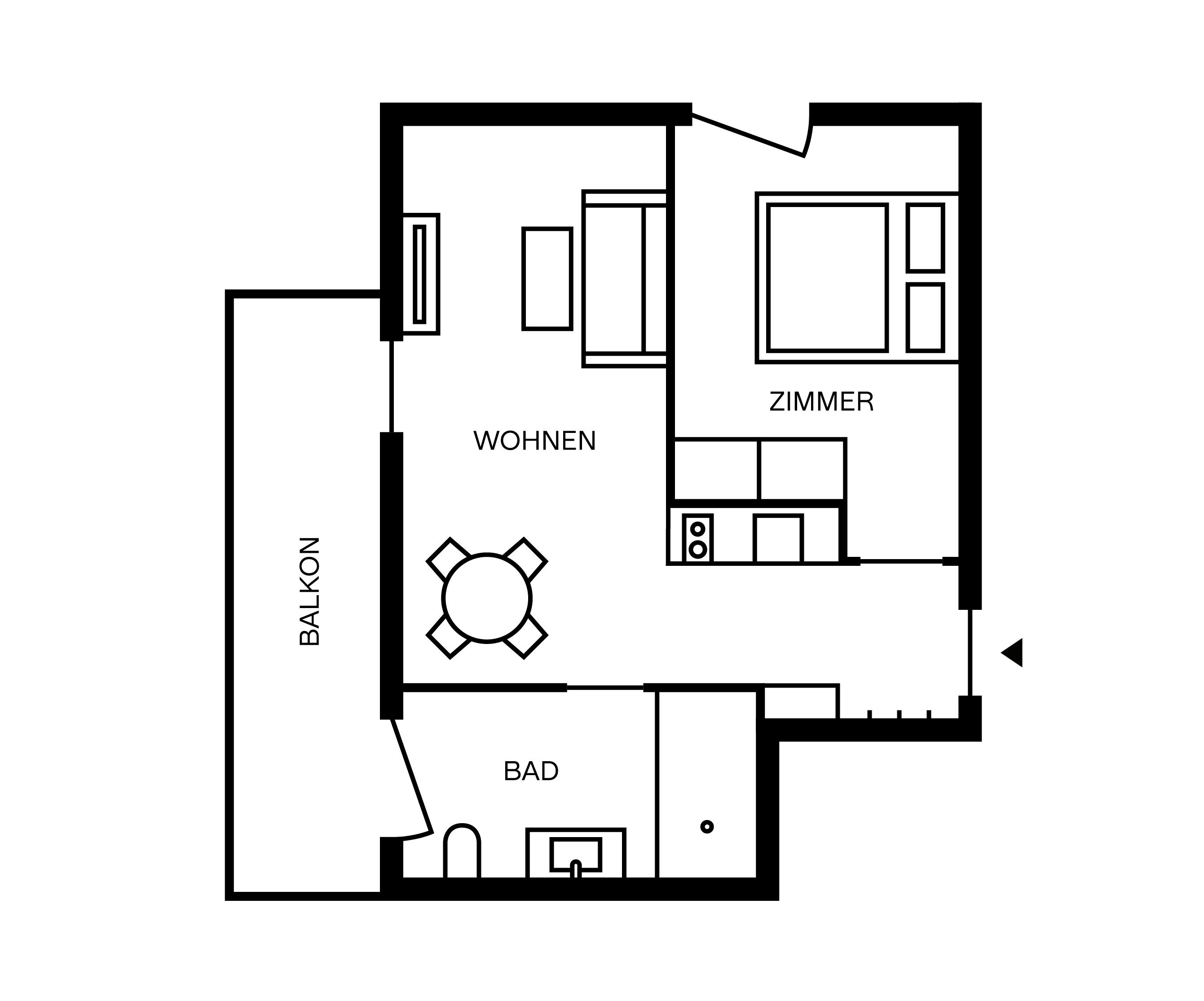 Plano de planta que muestra una sala de estar, cocina, baño y balcón.
