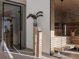 A modern interior with a glass door labeled "Dampfbad," a wooden bench area, and a wall-mounted plant.
