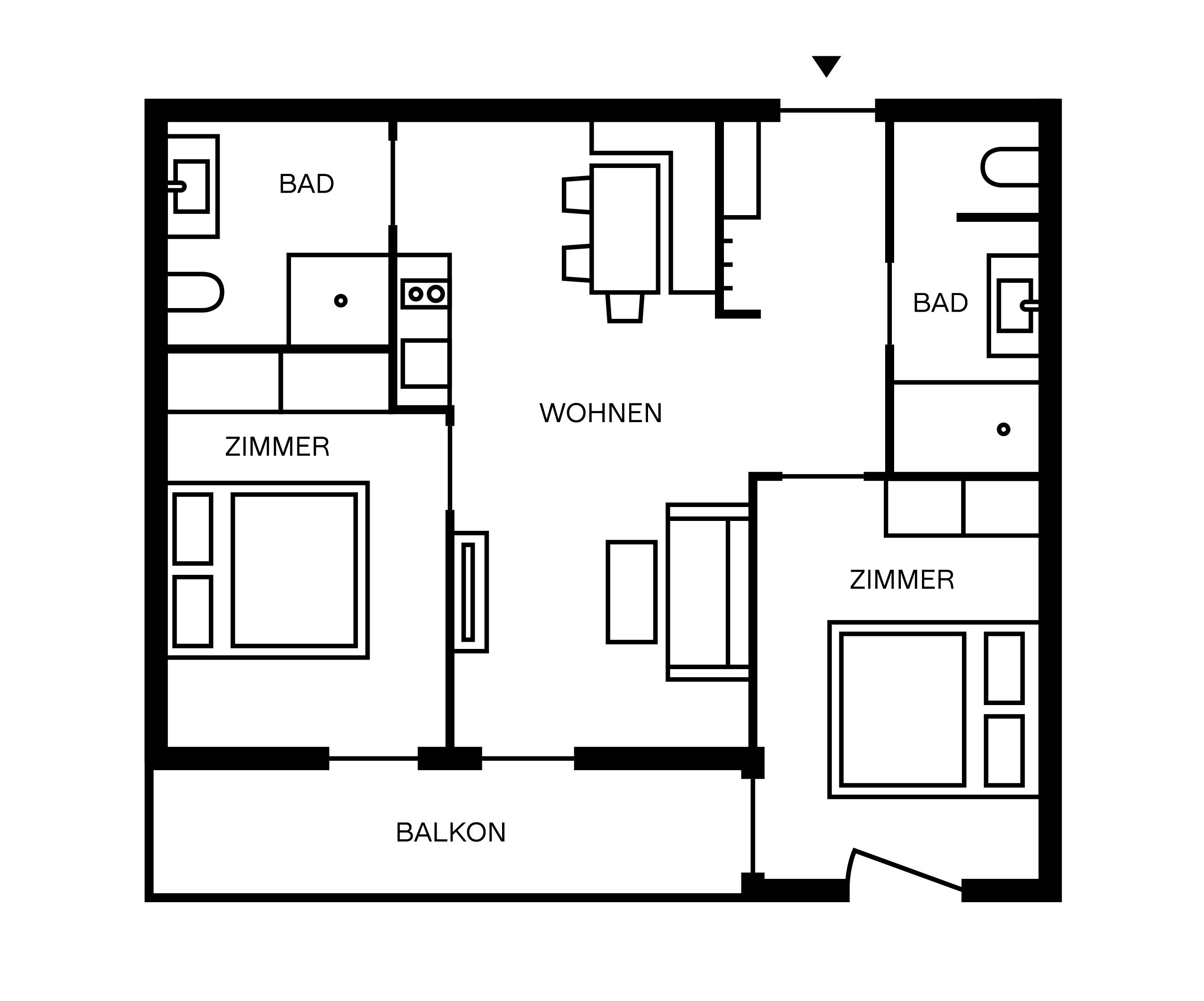 A floor plan with two bedrooms, a living room, a balcony, and a bathroom.
