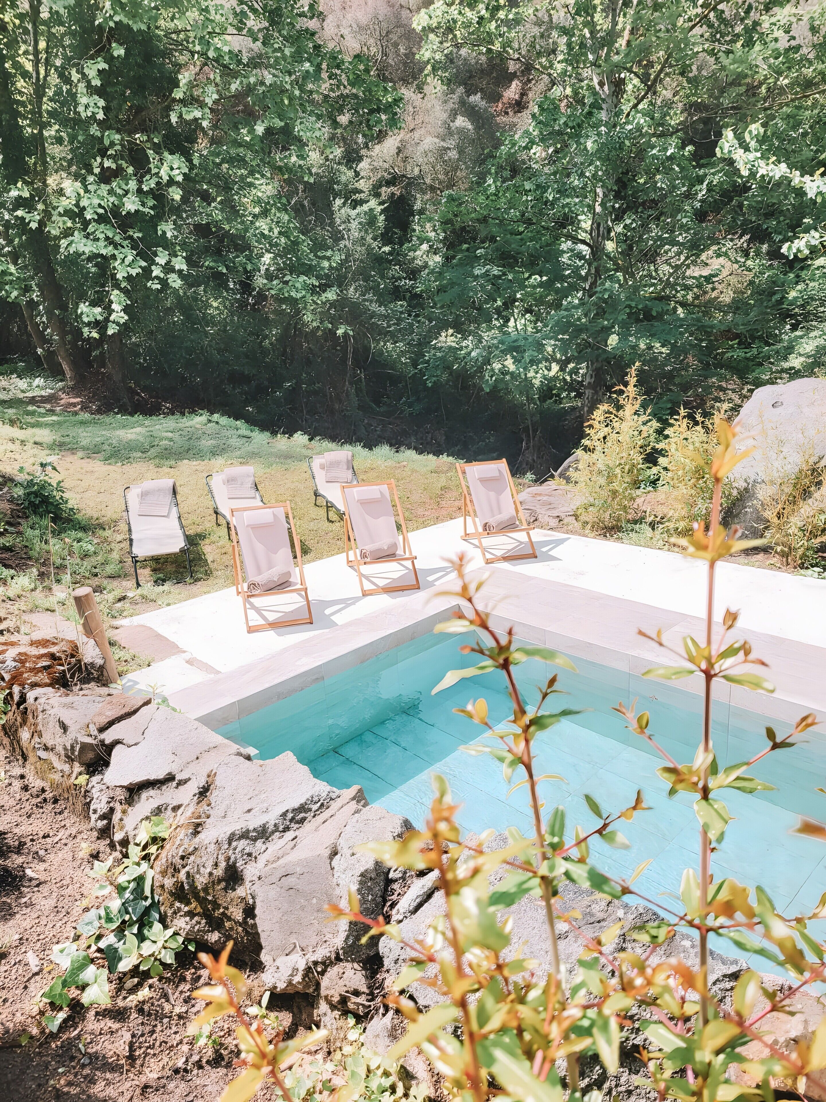 Una piscina rectangular con seis sillas de descanso dispuestas alrededor, rodeada de un área natural y boscosa.