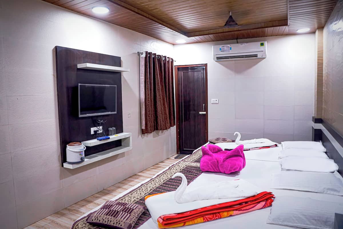 A hotel room with a bed, a TV, an air conditioner, and a shower area.