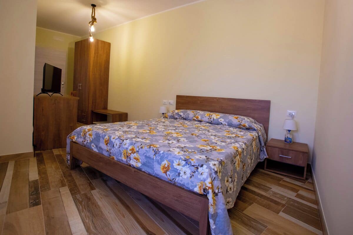 Een slaapkamer met een houten bed, een nachtkastje, een televisie en een kledingkast.