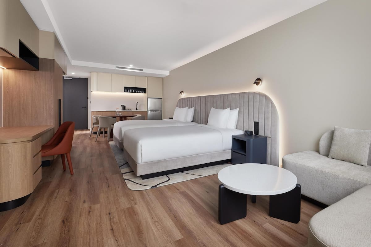 Studio, 2 Double Beds | Premium bedding, in-room safe, blackout curtains, iron/ironing board