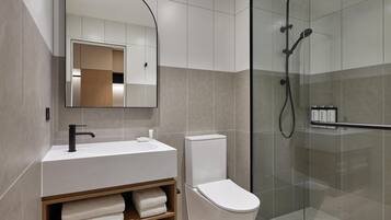 Shower, free toiletries, hair dryer, towels