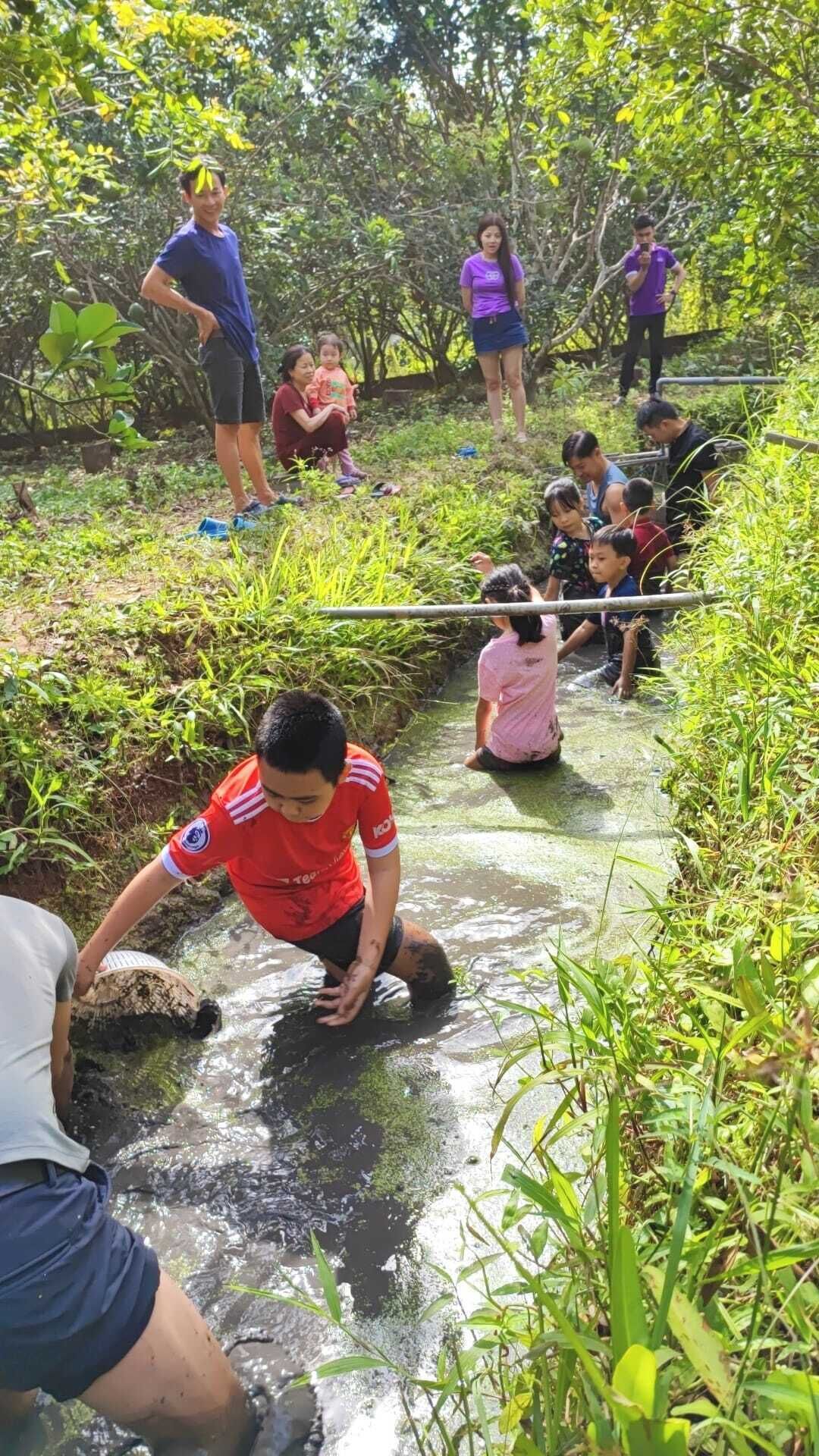 Un grupo de personas, entre ellas niños, caminando por un arroyo poco profundo en un entorno natural con abundante vegetación.