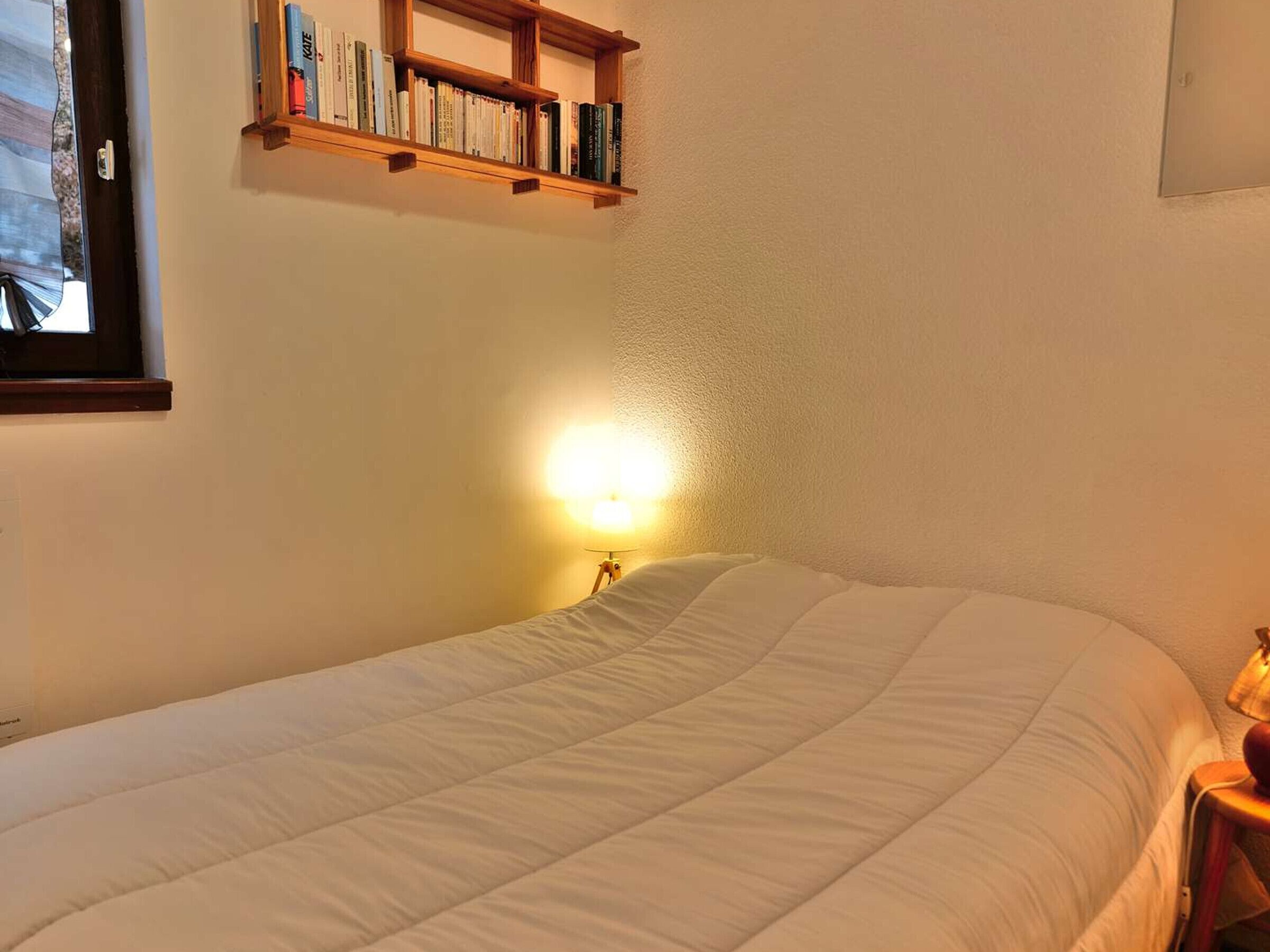 Ein Schlafzimmer mit einem Bett, einer Nachttischlampe und einem Bücherregal mit Büchern.