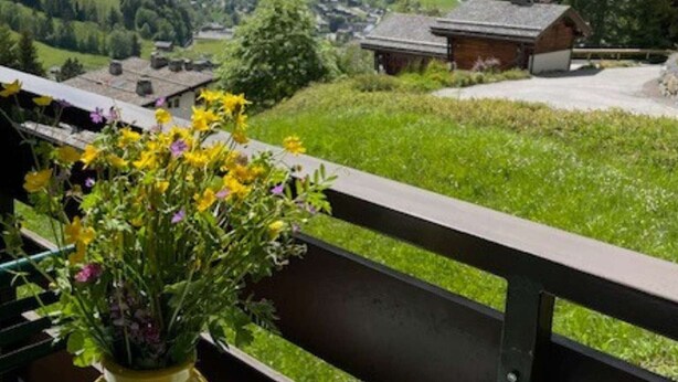 A balcony with a flower arrangement, overlooking a valley with houses and mountains.