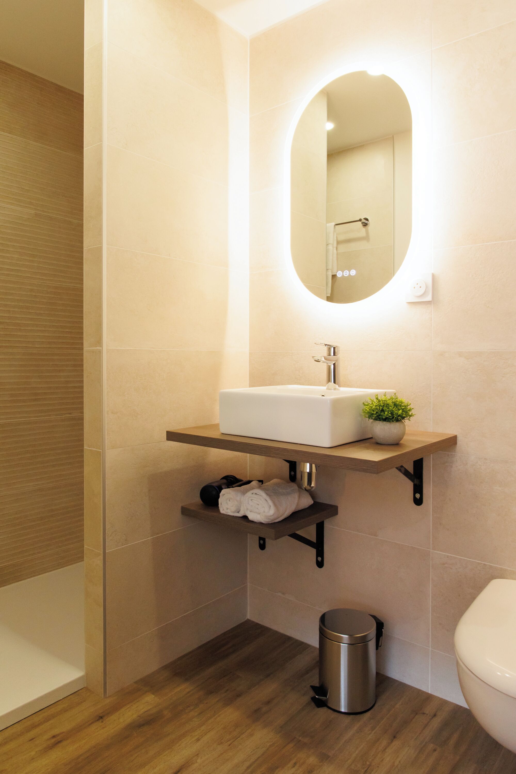 A modern bathroom with a white sink, a mirror, and a small potted plant.