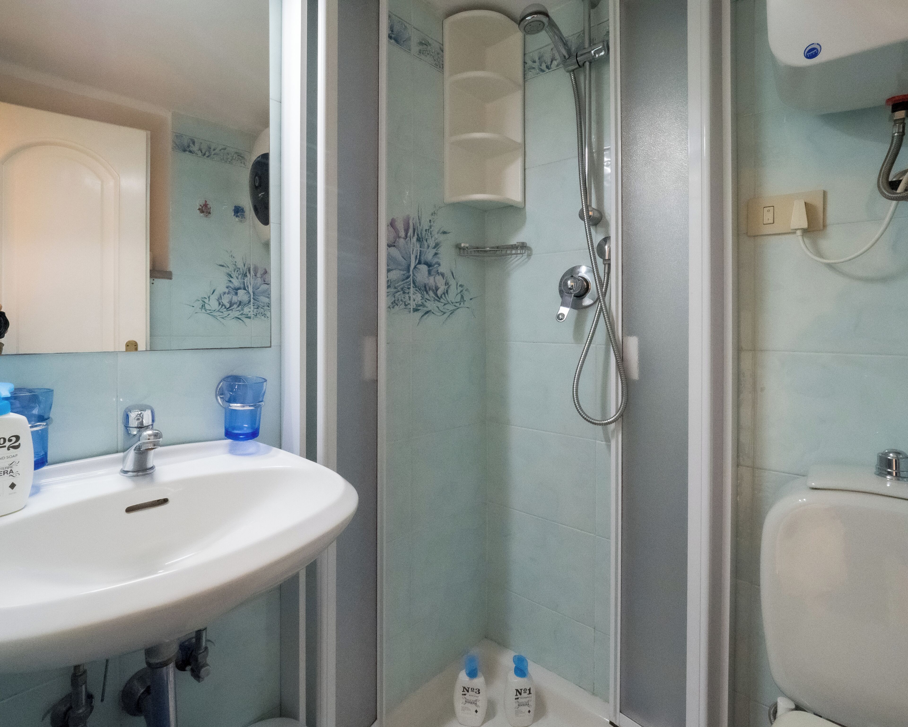 A bathroom with a white sink, a shower with a handheld showerhead, and a mirror above the sink.