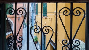Une rue étroite, bordée de bâtiments des deux côtés, avec un pot de fleurs et un portail en fer forgé noir.